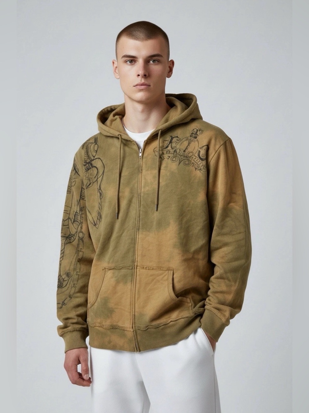 Key Closet Khaki Full Zip Y2K Tie Dye Distressed Graphic Hoodie Size L Deadstock